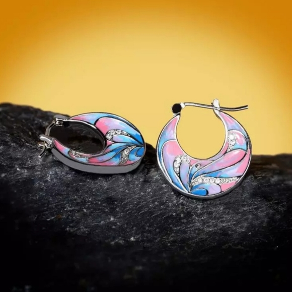 Sterling Silver and blue pink enamel painted boho earrings new - Picture 2 of 5